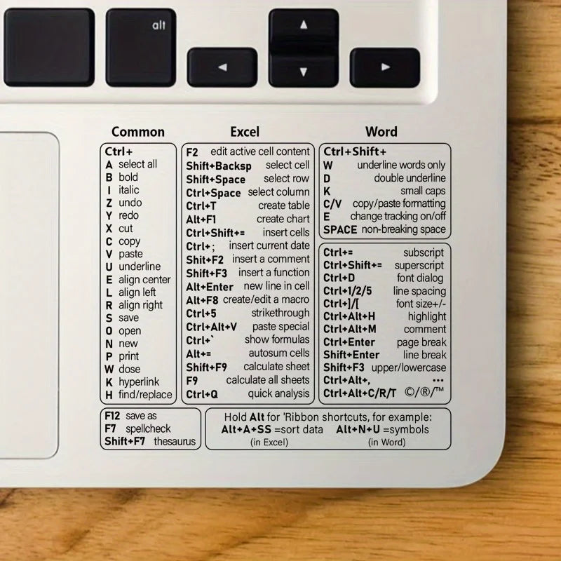 Keyboard Shortcut Stickers - Self-Adhesive Quick Reference Labels for Windows, Excel & Word