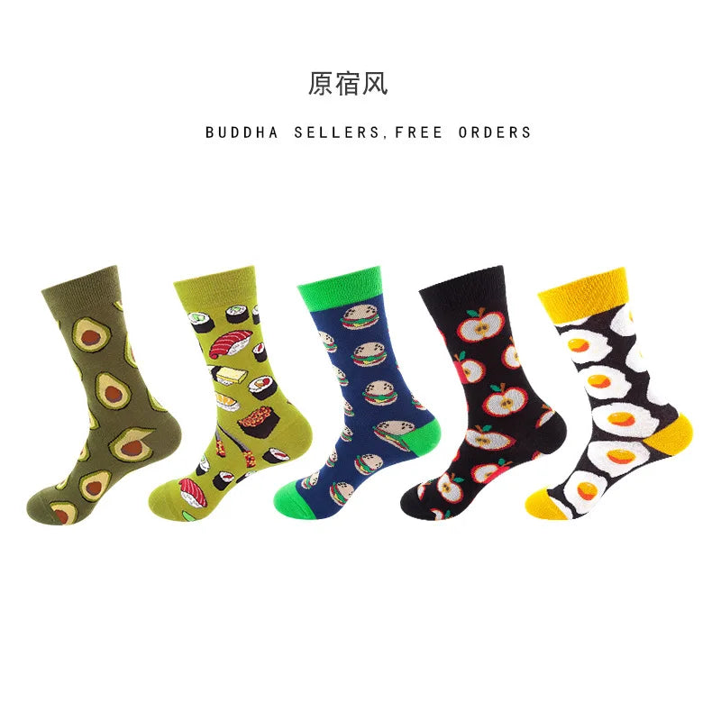 5-Pair Men’s Cotton Sports Socks Pack - Hip Hop Harajuku Pastel Print Long Tube Running Casual Socks