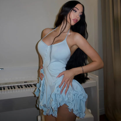 Women's A-Line Bodycon Mini Dress – V-Neck Long Sleeve Ruffle Hem Button Asymmetrical Party Streetwear Dress