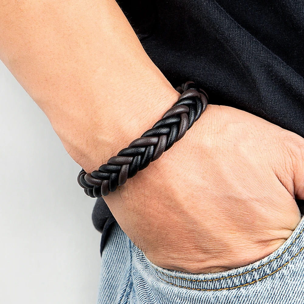 XQNI Braided Leather Bracelet - Stainless Steel Punk Charm Jewelry Gift for Men Husband Friend