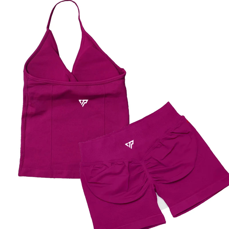 Women’s 2-Piece Yoga Set – Seamless Gym Outfit with Shorts & Lace-Up Sports Bra, High Quality Fitness Activewear Set