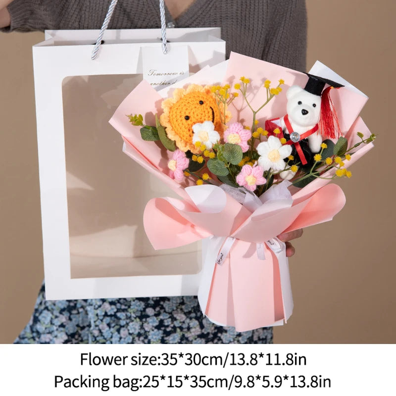 DIY Simulated Flower Bouquet – Crochet Sunflower Finished Product, Graduation, Doctoral, Valentine’s Day & Birthday Gift with Bear