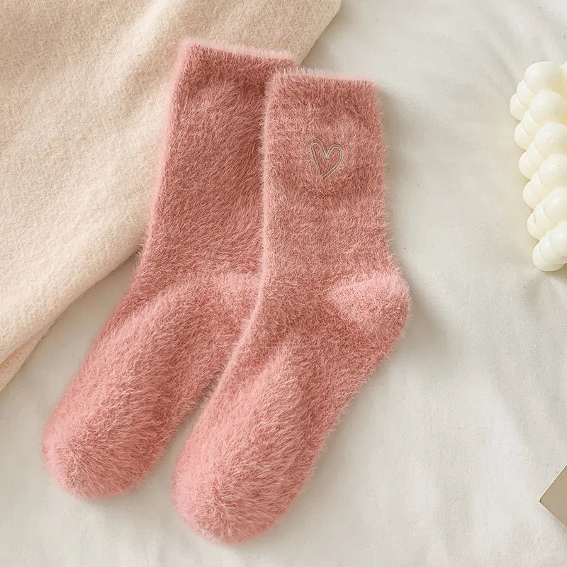 Thickened Pink Mink Fur Heart Embroidered Socks — Women’s Autumn Winter Warm Plush Mid-Tube Home Sleep Socks