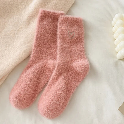 Thickened Pink Mink Fur Heart Embroidered Socks — Women’s Autumn Winter Warm Plush Mid-Tube Home Sleep Socks