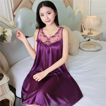 Midnite Star Women’s Ice Silk Sleepwear Set – V-Neck Lace Nightdress Pyjamas, Homewear Nightgown, Plus Size