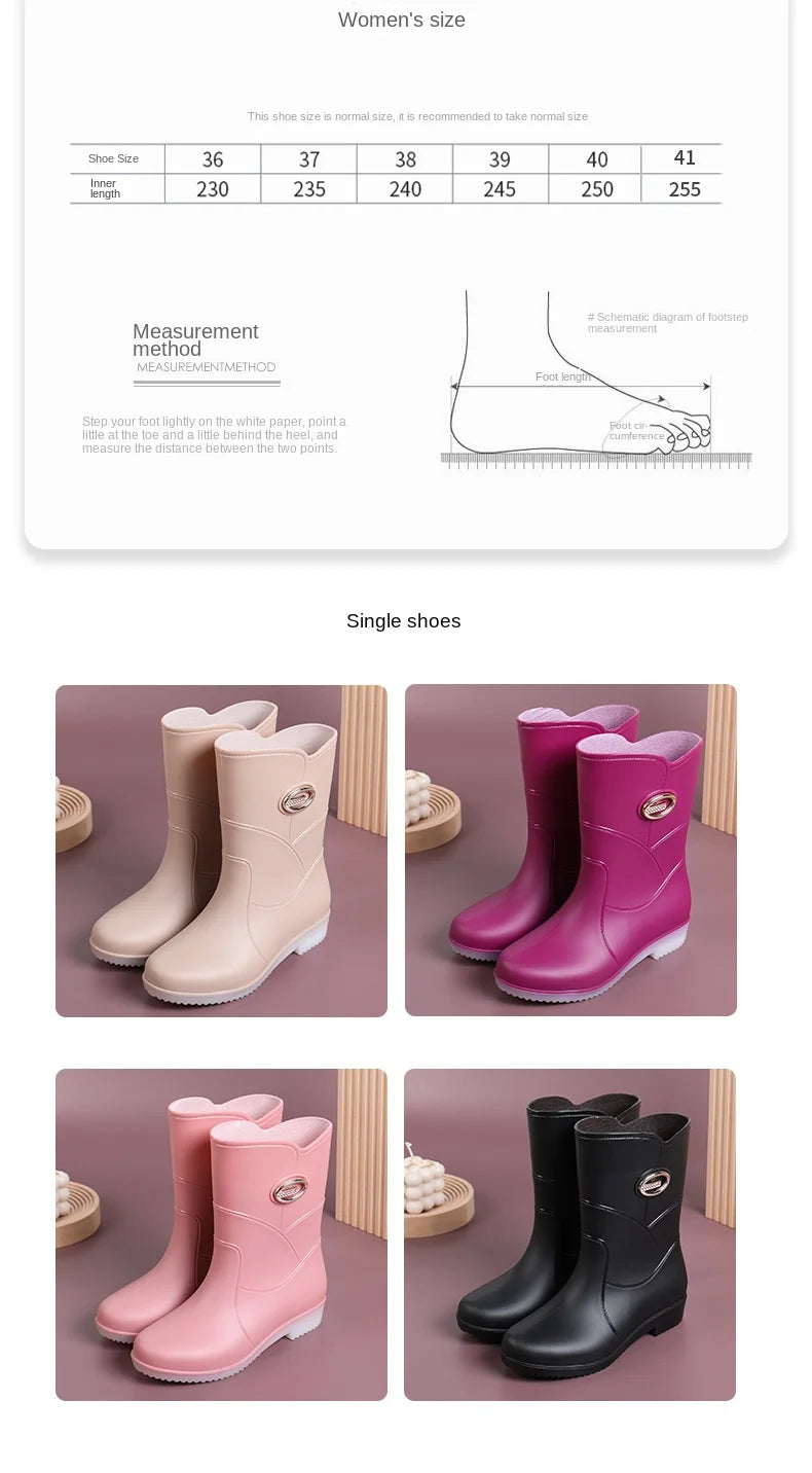 Women’s Fashion Mid-Tube Rain Boots – Wear-Resistant, Waterproof Rubber Shoes with Thick Sole, Non-Slip & Cotton Lining