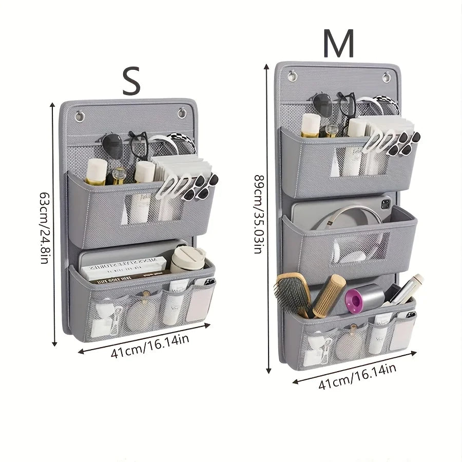 Gray Wall-Mounted Storage Organizer – Multi-Compartment Fabric Hanging Bag with Window & Hooks for Office or Closet