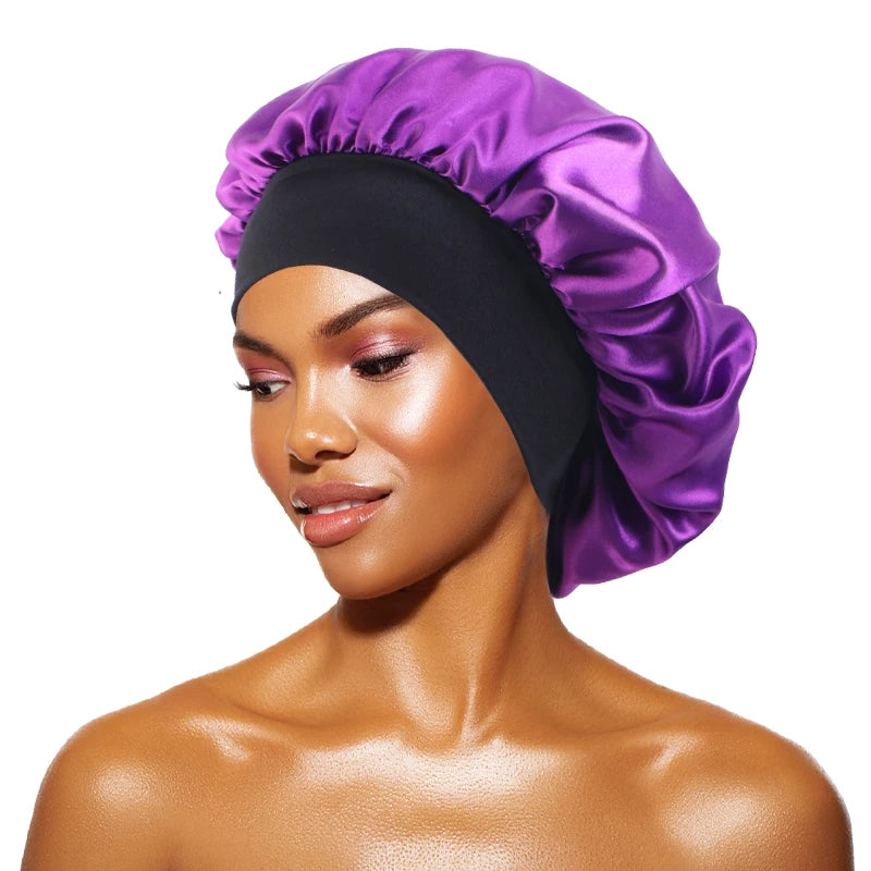 Women's Satin Wide-Brimmed Bonnet – Unisex Night Sleeping & Bathing Head Wrap with Elastic Band for Hair Care