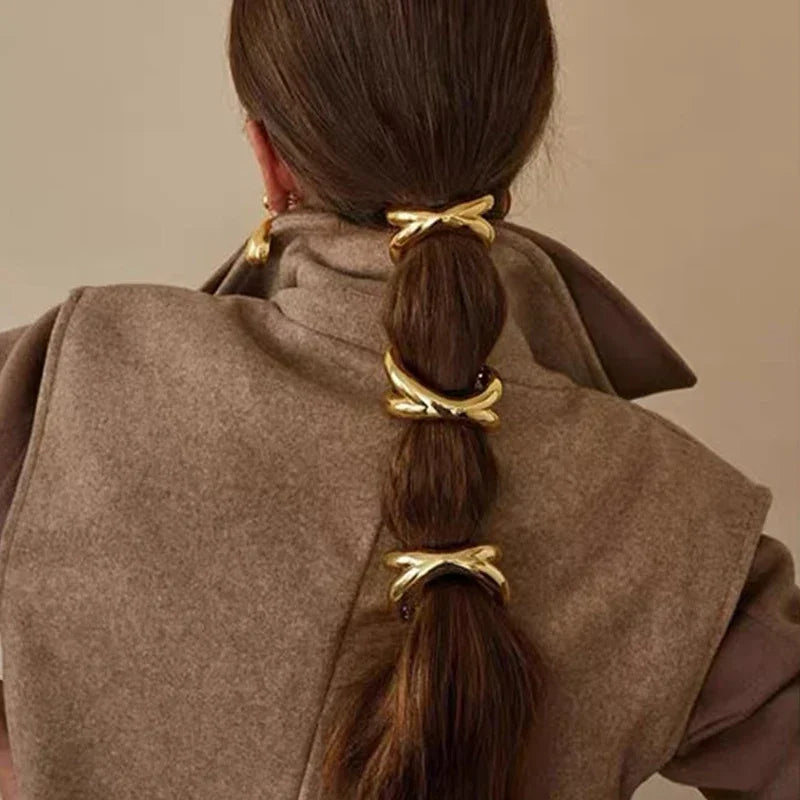 3PCS Geometric Hair Ties — Elastic Rubber Bands with Gold & Silver Metal Charms, Hair Cuffs for Women & Girls Accessories