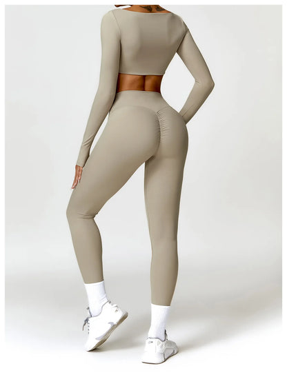 Hearuisavy 2PCS Long Sleeve Gym Set for Women, Quick-Drying Yoga Clothes, Sportswear, Running Leggings, Workout Sports Crop Top