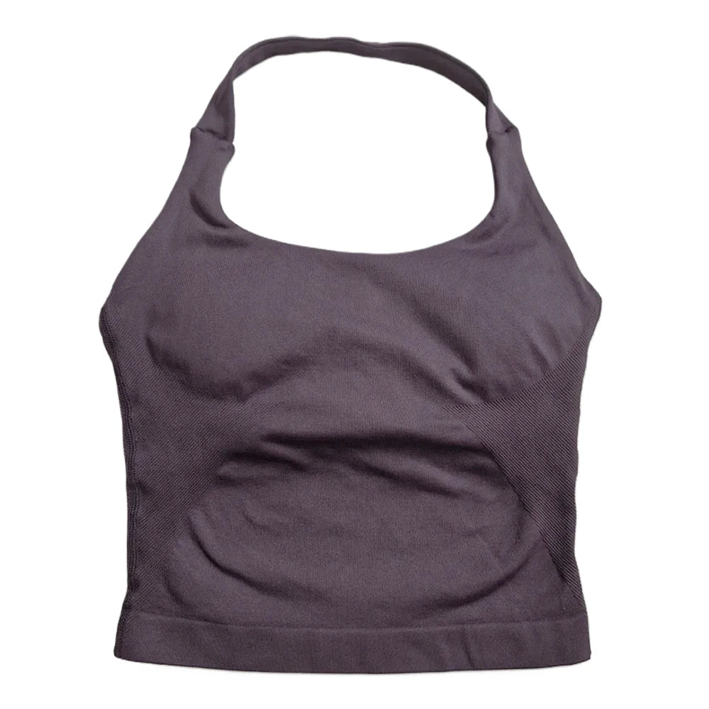 Women’s Strappy Gym Tank Top – Padded Sports Bra Backless Seamless Yoga Crop Top Halter Fitness Vest Activewear