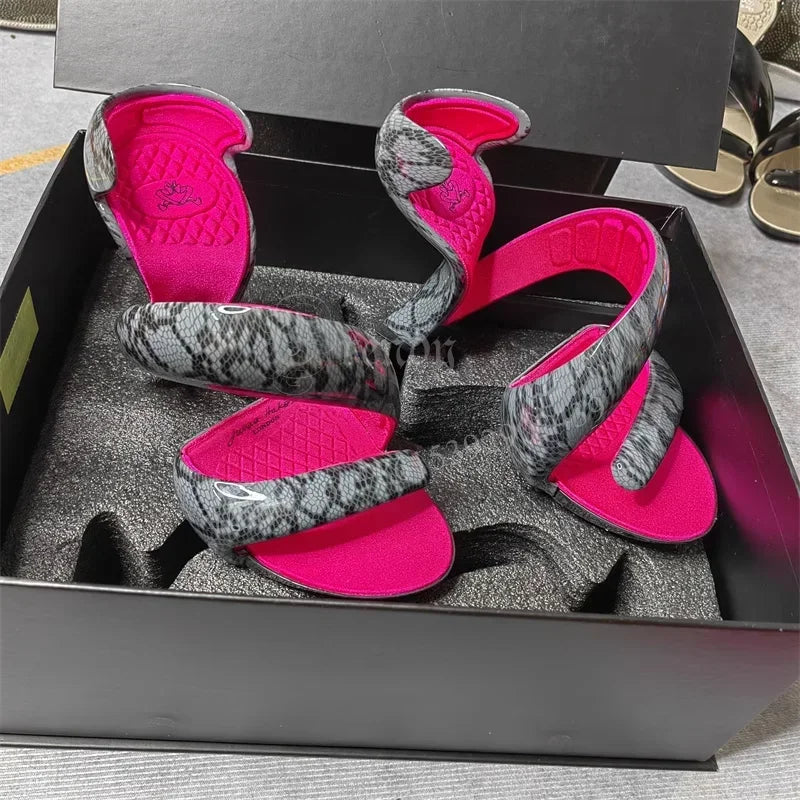 Women's Blue Snake Gladiator Sandals - Patent Mixed-Color Ribbon Design Slip-On High Heel Shoes