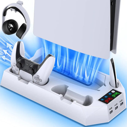 PS5 Console Cooling Station with Dual Controller Charger — Compatible with PS5, PS4, Slim & Pro | Built-in Fan & Charging Dock