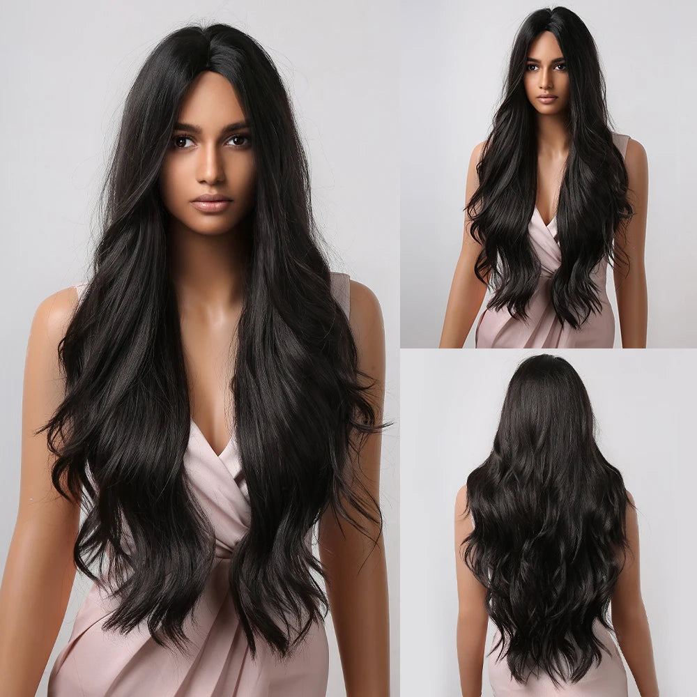 ALAN EATON Black Long Wavy Synthetic Wig – Natural Afro Hair, Middle Part, Heat-Resistant Fiber for Daily Use