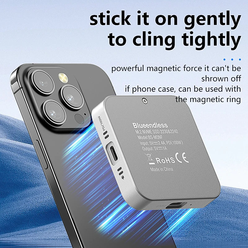 Blueendless Magnetic NVMe SSD Enclosure M2 2230/2242 with Cooling Fan, 100W PD USB-C Case for iPhone & Mac