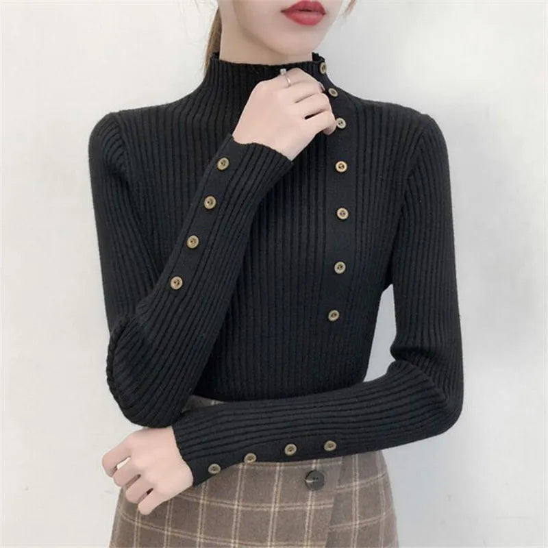 2023 Women's Autumn Knitted Slim Sweater - Solid Cotton Turtleneck with Full Sleeves and Button Detail - Soft Elastic Pullover