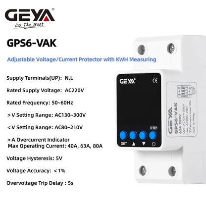 GEYA Adjustable Voltage Protector - 63A Over Under Voltage Protection Device with Digital Display for 220V/110V Power Safety