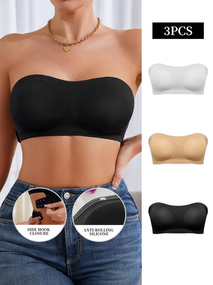 YMQJ Removable Padded Seamless Bra - Soft Ice Silk Wire-Free Strapless Bra for Women, 1 or 3 Pack