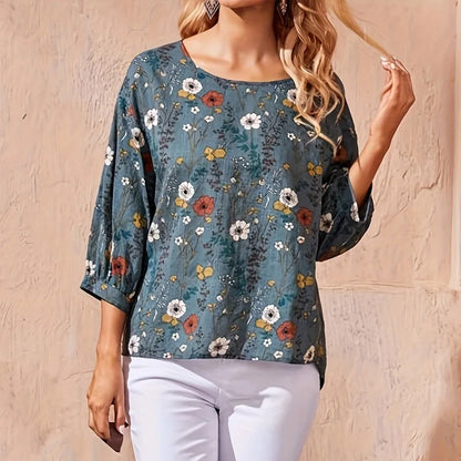 Plus Size Women's Floral Print Shirt - Loose Round Neck Lantern Sleeve Casual Office Top