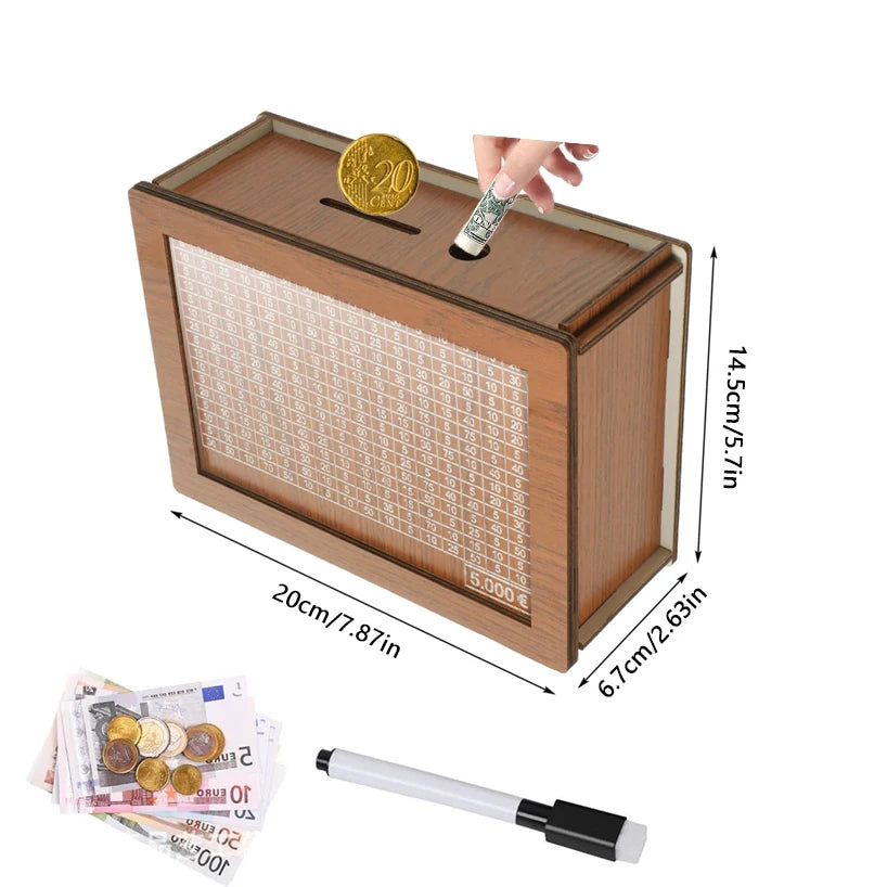 Wooden Money Box Piggy Bank – Cash Saving Treasure Coin Case for 1000/5000/10000 Euro – Encourages Saving Habit