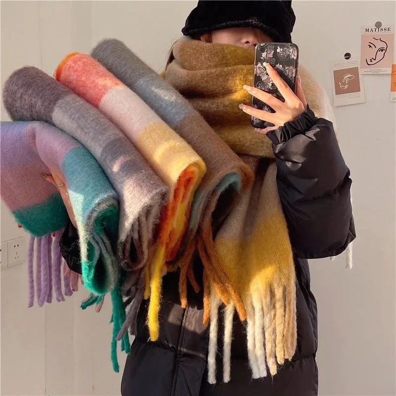 2025 Women's Winter Thick Cashmere Scarf – Warm Pashmina Shawl with Rainbow Tassels & Wraps