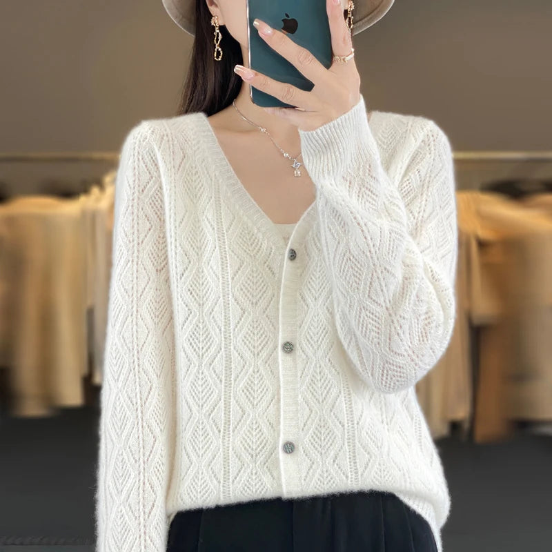 Women's 100% Wool Cashmere Cardigan – V-Neck, Super Soft, Loose Fit, Long Sleeve Knit Sweater