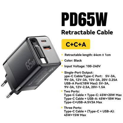 Essager 65W GaN Fast Charger – Retractable USB-C Cable PD Charging Adapter for Laptops, MacBook, iPhone 16/15/14, and Xiaomi Devices