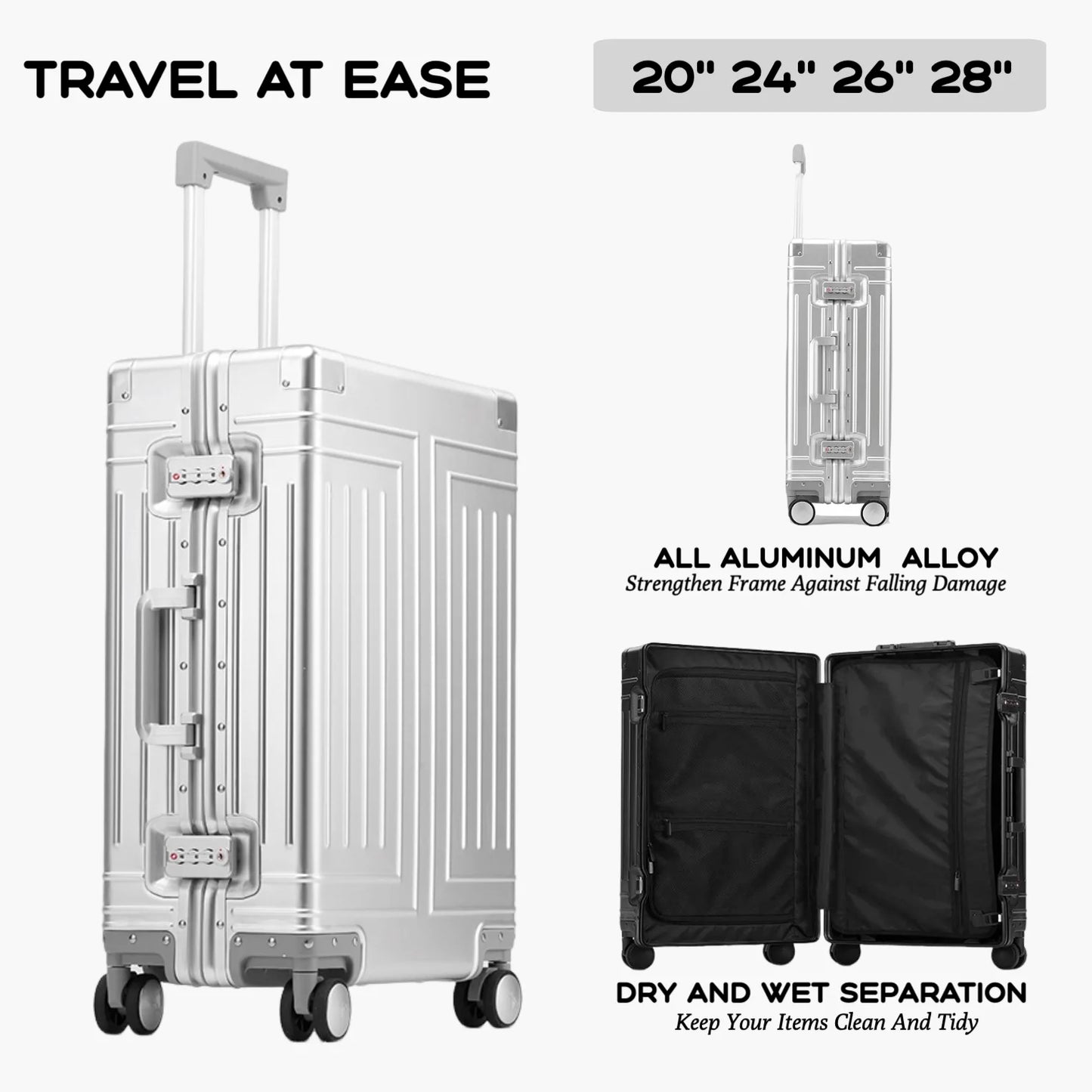 2024 Aluminum Luggage Set with Wheels – Durable Carry-On & Checked Suitcases for Men, Women, and Girls (20/24/26/28 Inch)