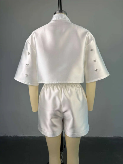 CM.YAYA Women’s Summer 2-Piece Set 2025 – Beaded 3/4 Sleeve Top & Shorts Streetwear Outfit