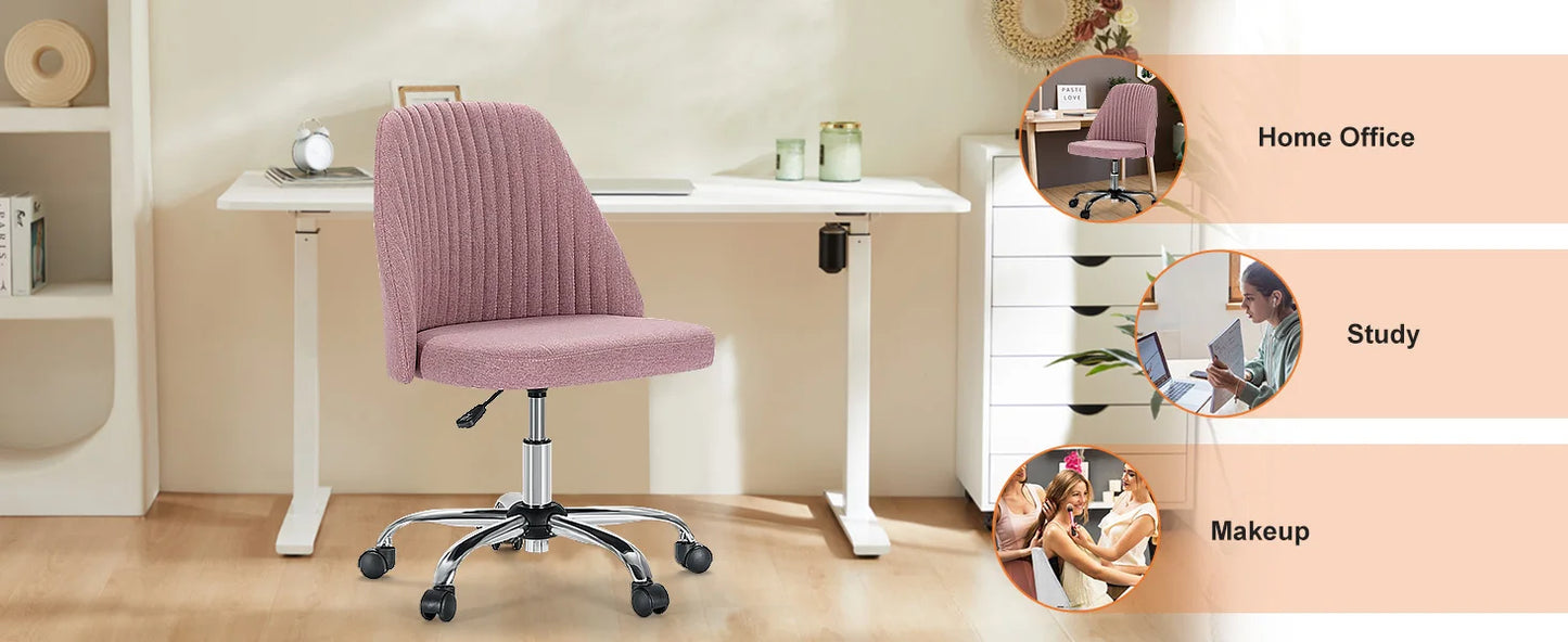 Armless Small Desk Chair – Cute Vanity Swivel Chair with Back, Fabric Upholstery & Wheels for Home & Gaming