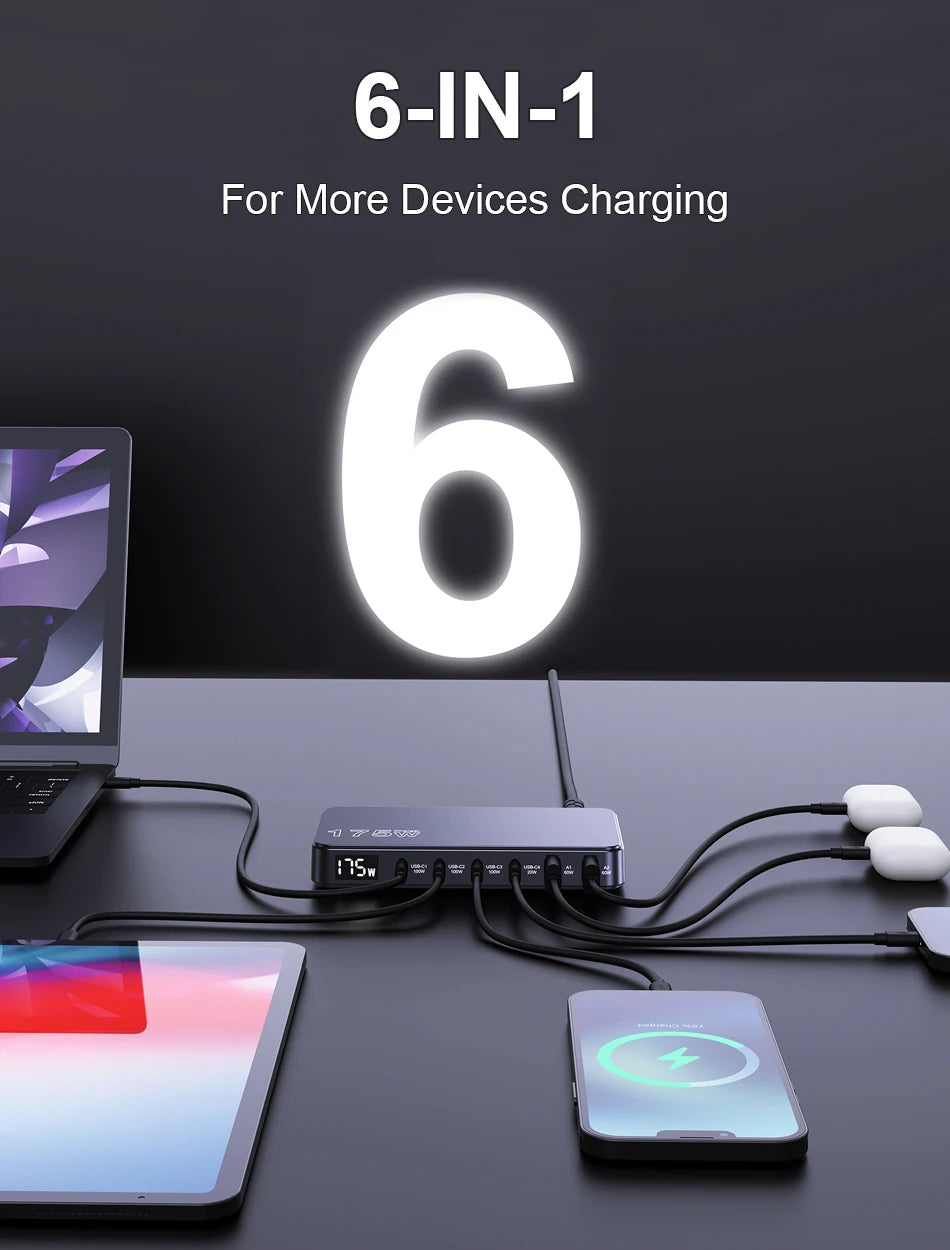 Ueetop 175W GaN USB-C Charger – 6-Port Desktop Charger with LED Display, PD 100W, PPS 45W Fast Charging for MacBook, Samsung, iPhone