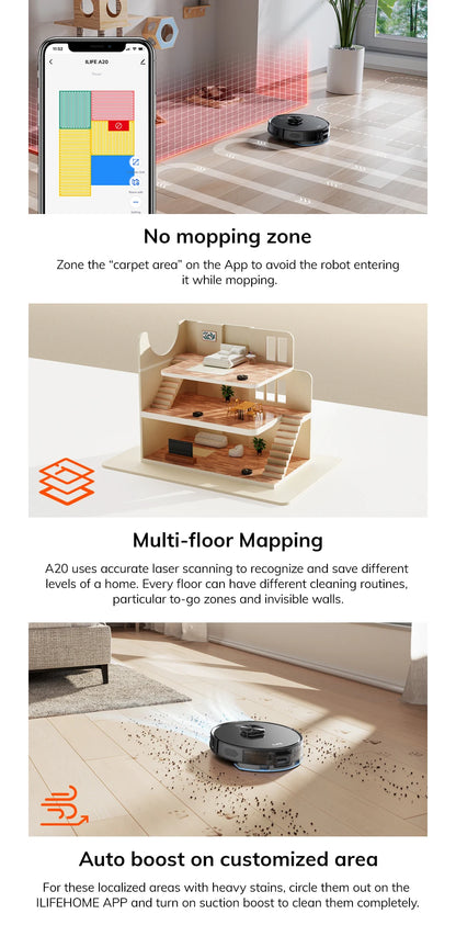 ILIFE A20 Robot Vacuum and Mop Combo – LiDAR Navigation, 3000Pa Suction, Smart Mapping, App/Alexa Control, Ideal for Pet Hair