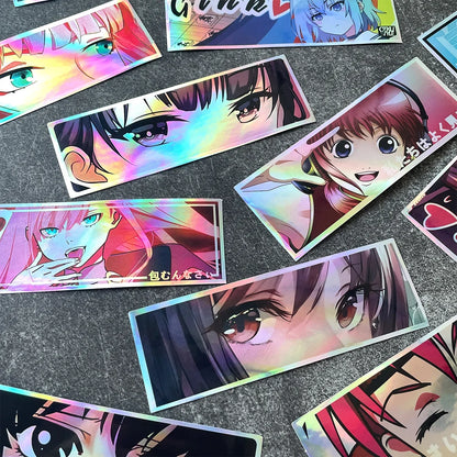 JDM Anime Girl Holographic Stickers - Rainbow Vinyl Decals for Car Windows, Motorcycles, Helmets, and Windshields