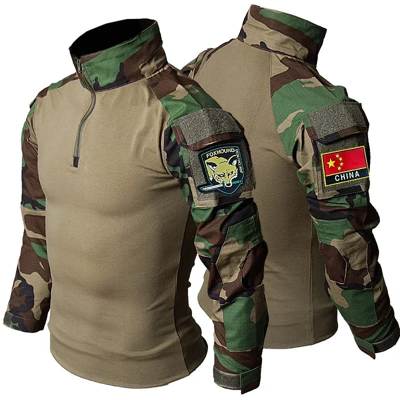 Men’s RU Camo Tactical Outfit Set - 2-Piece Breathable Long Sleeve Shirt and Multi-Pocket Cargo Pants for Outdoor Training and Combat Wear