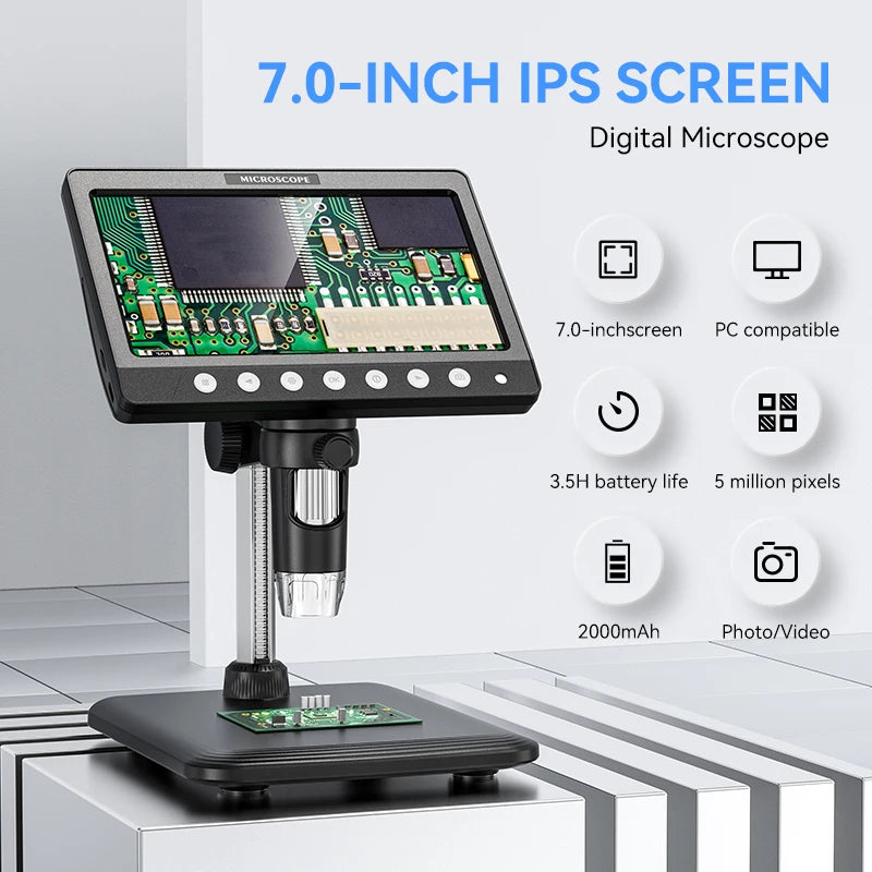 7-Inch IPS Digital Coin Microscope 5MP 1200X – 1080P Ultra-Precise Focusing Camera with 8 LED Lights for Coins & Circuits