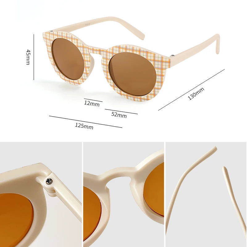 2023 Kids Checker Panel Round Sunglasses – Cute UV400 Sun Protection for Baby Girls & Children Outdoor Wear