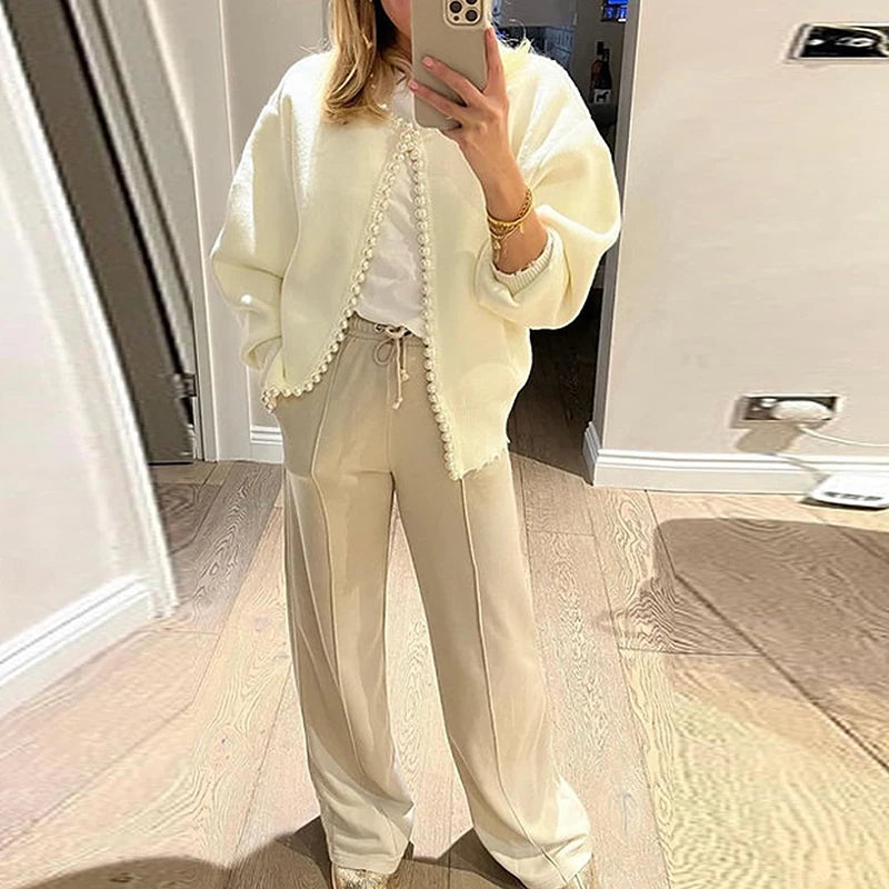 Women’s Casual Pearl-Embellished Cardigan – Elegant Long Sleeve Knit Sweater Coat