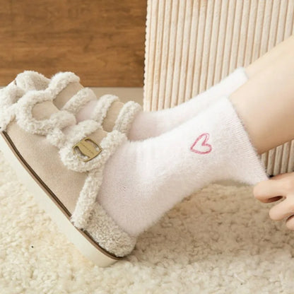 Thickened Pink Mink Fur Heart Embroidered Socks — Women’s Autumn Winter Warm Plush Mid-Tube Home Sleep Socks