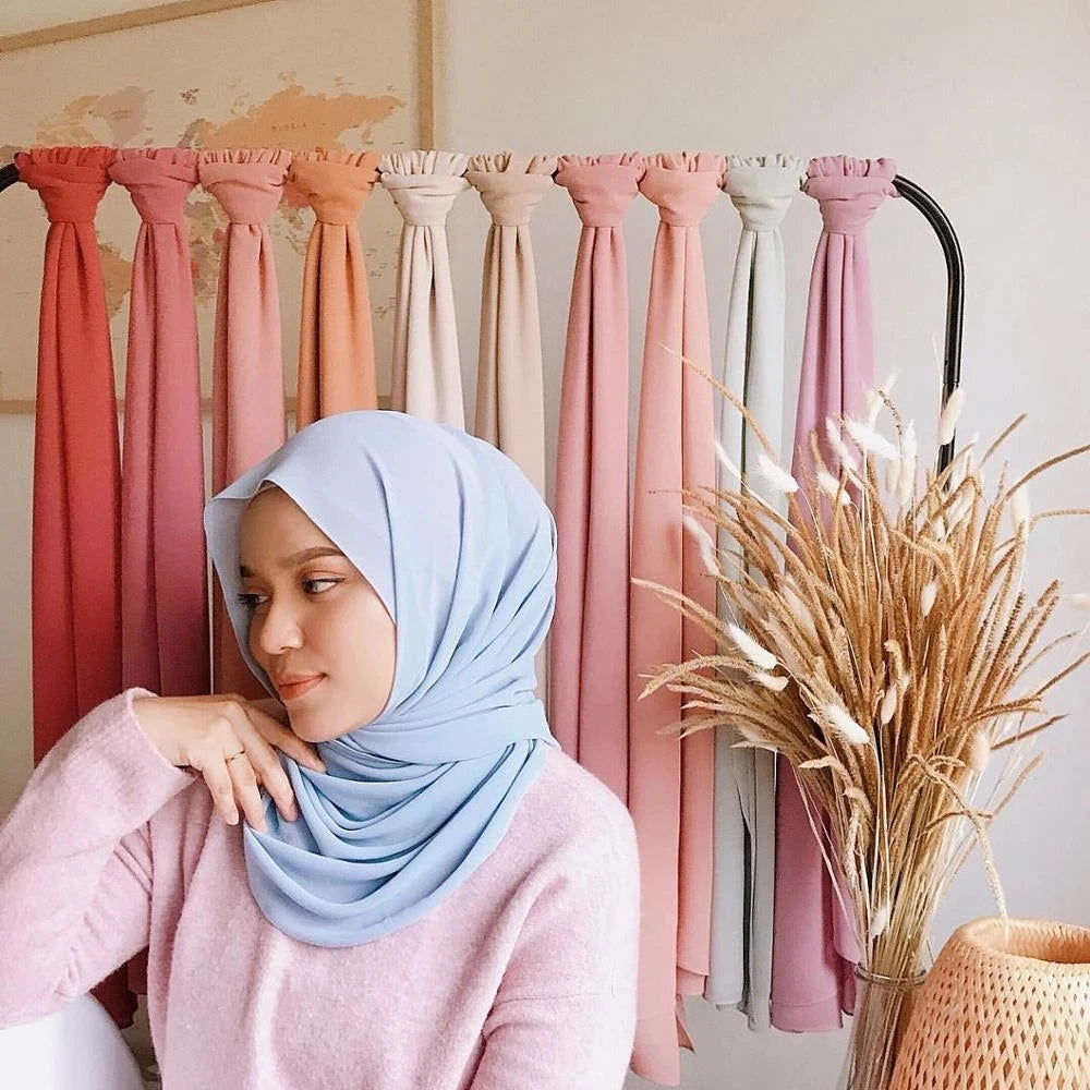 Long Solid Color Chiffon Hijab Scarf for Women - Muslim Head Wrap Ladies Veil Jersey Scarves
