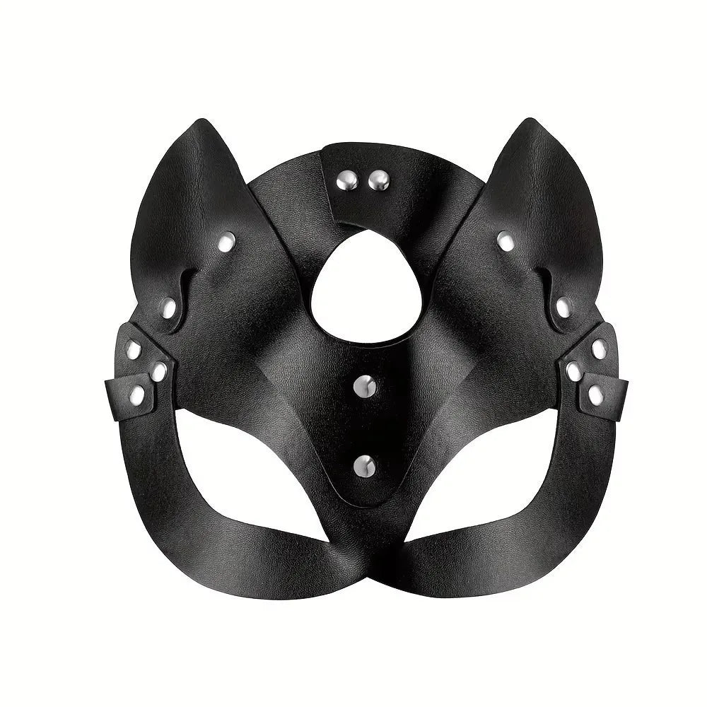 Black Cat Mask - Synthetic Leather Chain Harness Cosplay Masquerade Accessory