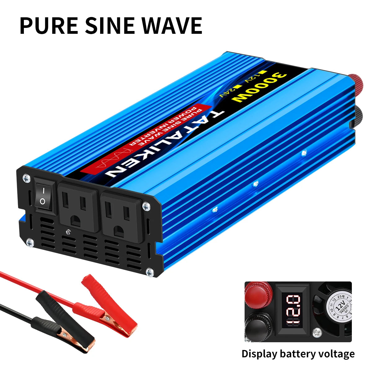 12V/24V to 110V AC Pure Sine Wave Power Inverter — 4000W/16000W 60Hz Converter with LED & US Socket for Car & Solar