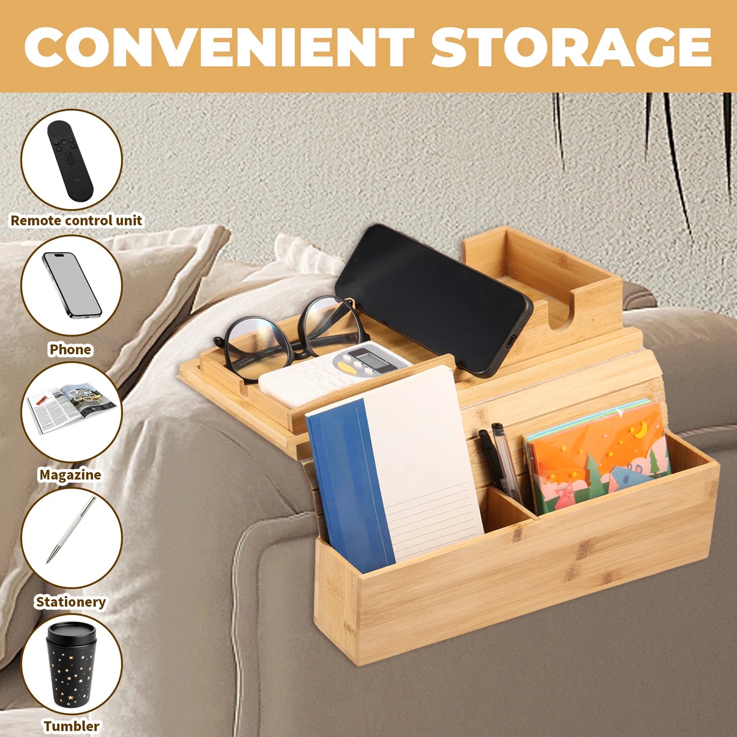 Bamboo Couch Cup Holder with Side Storage Pocket – Anti-Slip Foldable Sofa Armrest Tray for Cups, Snacks & Drinks