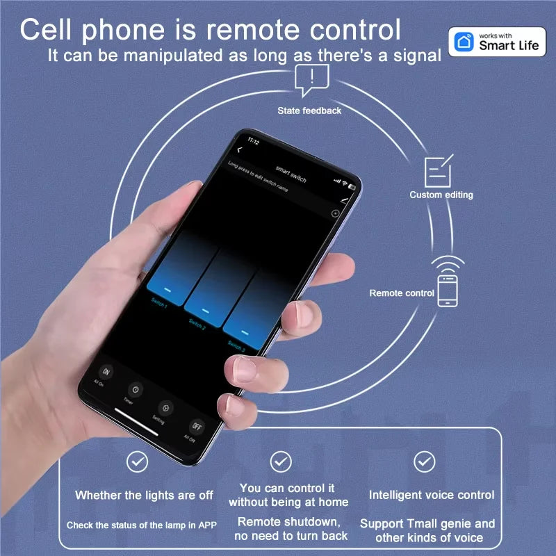 WiFi & Bluetooth Smart Touch Panel Switch - US Standard, 1/2/3/4 Way, Compatible with Tuya & Google Home