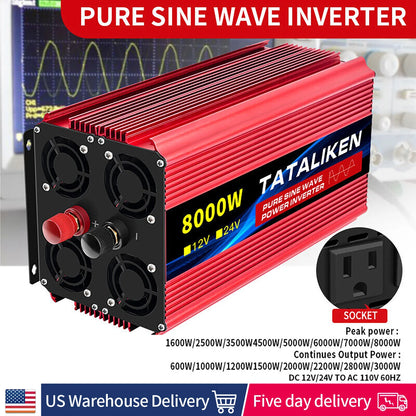 Pure Sine Wave Inverter 5000–10000W – 12V DC to 110V AC Portable Solar & Car Power Converter