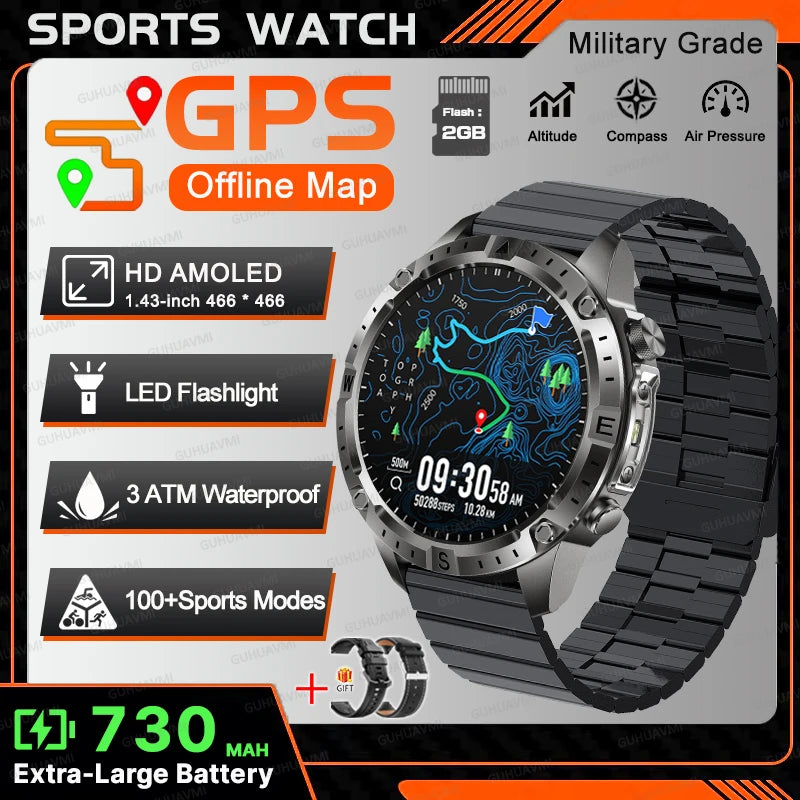 All-Terrain GPS Sports Smartwatch - Offline Maps, Altimeter, Barometer, Compass, 3ATM Waterproof & 730mAh Battery