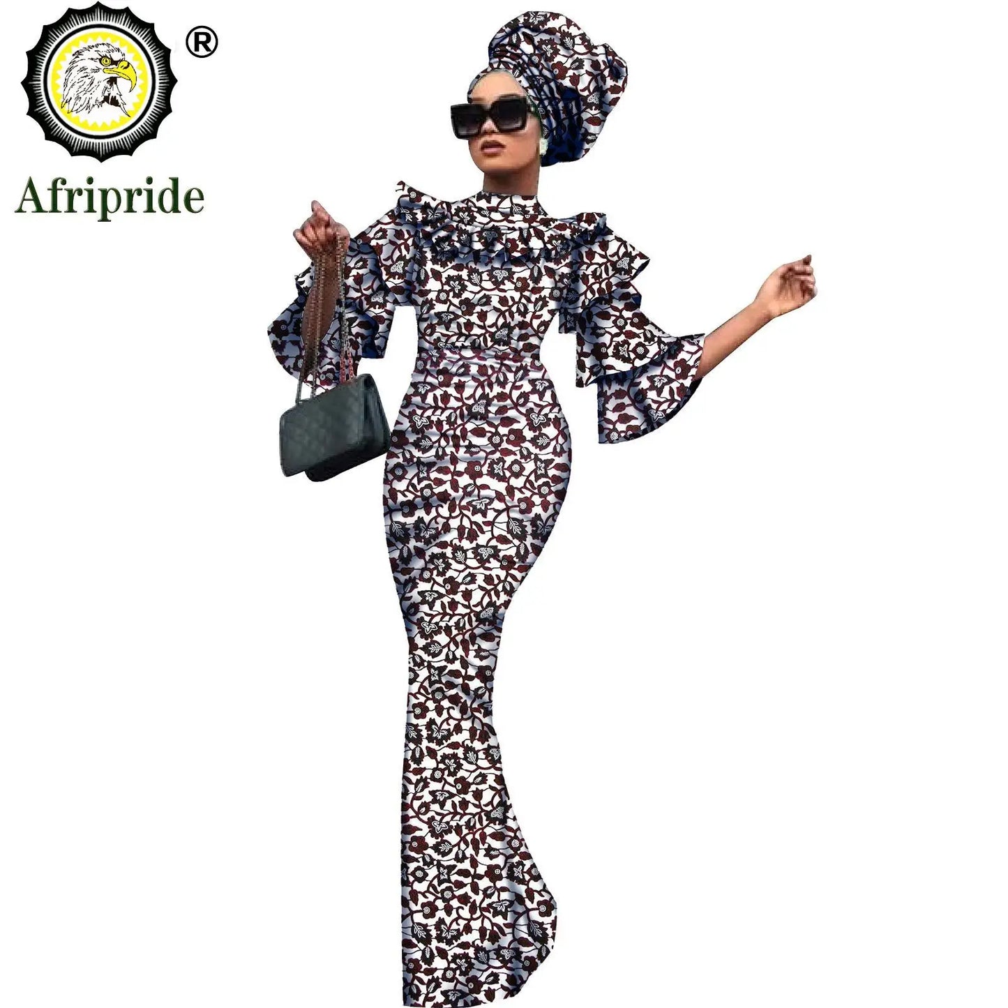 African Bazin Riche 2-Piece Dress Set - Plus Size Bodycon Dress with Headwrap for Women