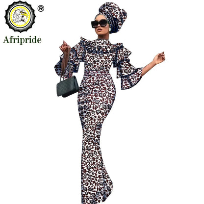 African Bazin Riche 2-Piece Dress Set - Plus Size Bodycon Dress with Headwrap for Women