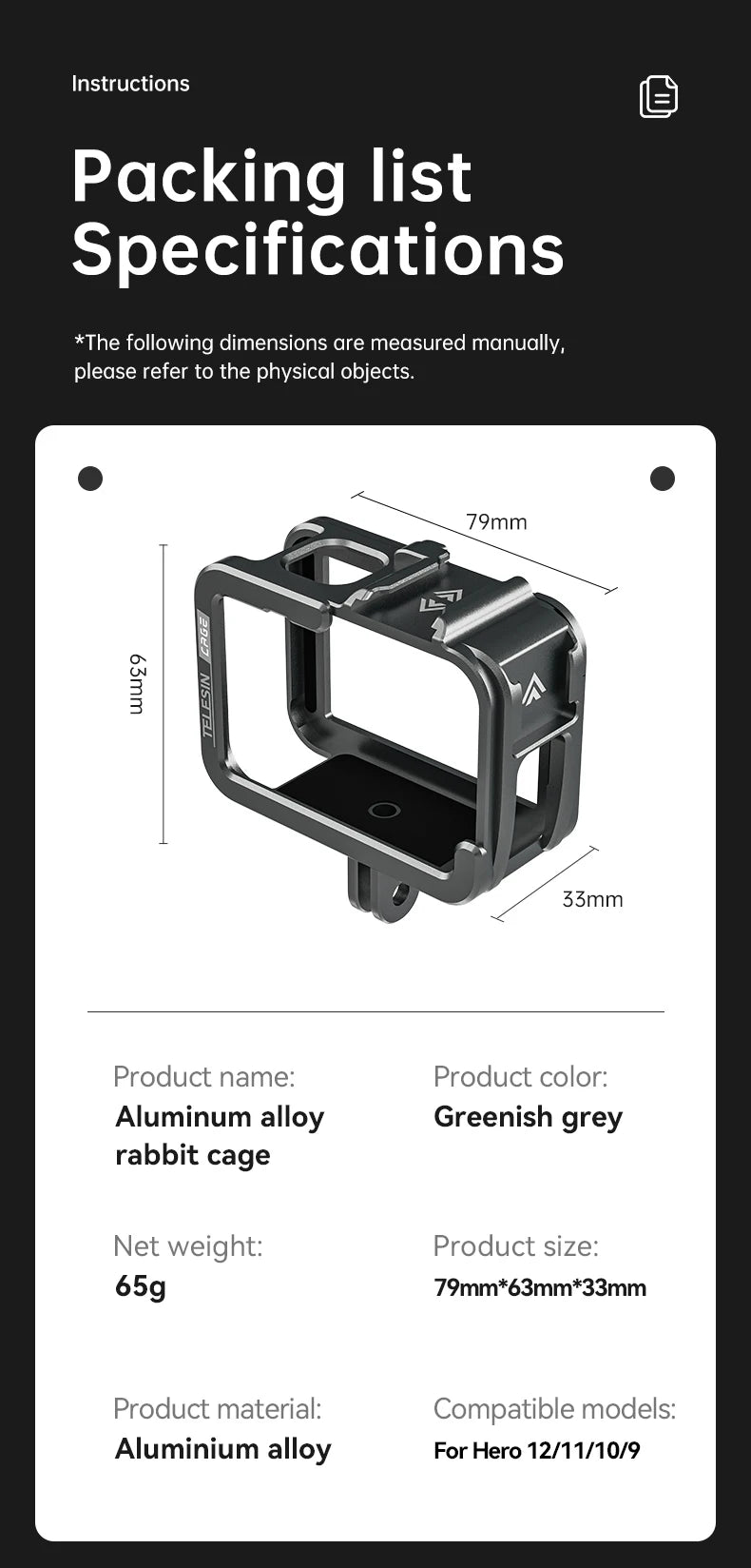 TELESIN Aluminum Alloy Cage for GoPro Hero 12/11/10/9 – Vlog Frame Case with Cold Shoe Mount & Protective Housing