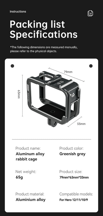 TELESIN Aluminum Alloy Cage for GoPro Hero 12/11/10/9 – Vlog Frame Case with Cold Shoe Mount & Protective Housing