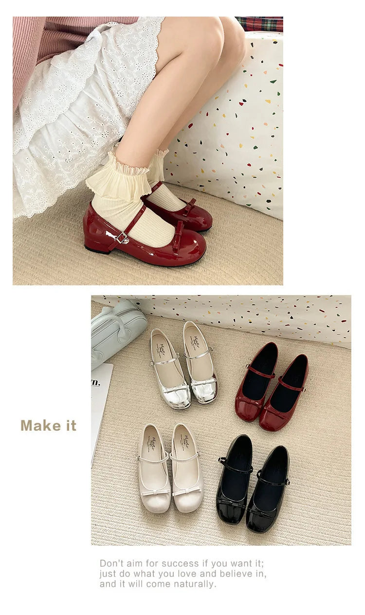 Spring Autumn Wine Red Mary Jane Shoes – Women’s Low Heel Leather Flats with Butterfly Knot & Round Toe